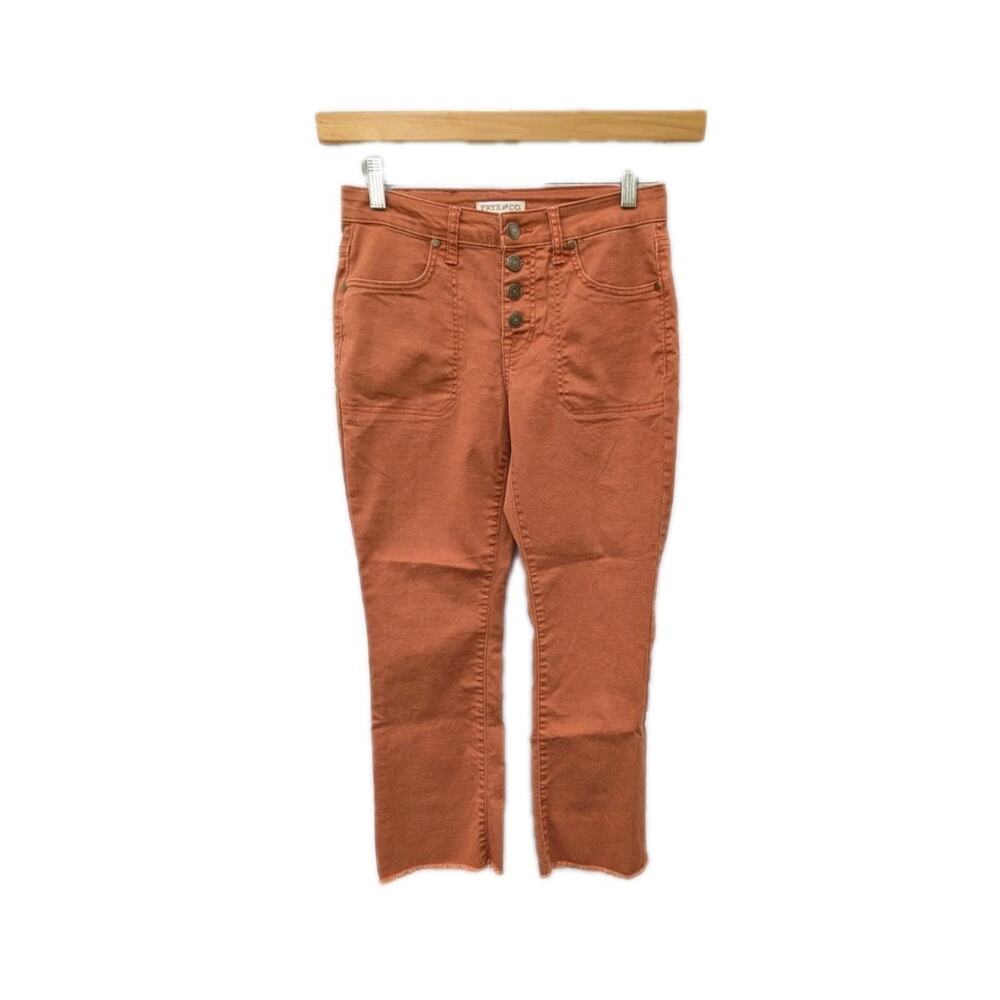 Frye and Co Women's Button Fly Straight Leg Jeans Sz 6 Raw Hem Cognac‎ Mid Rise